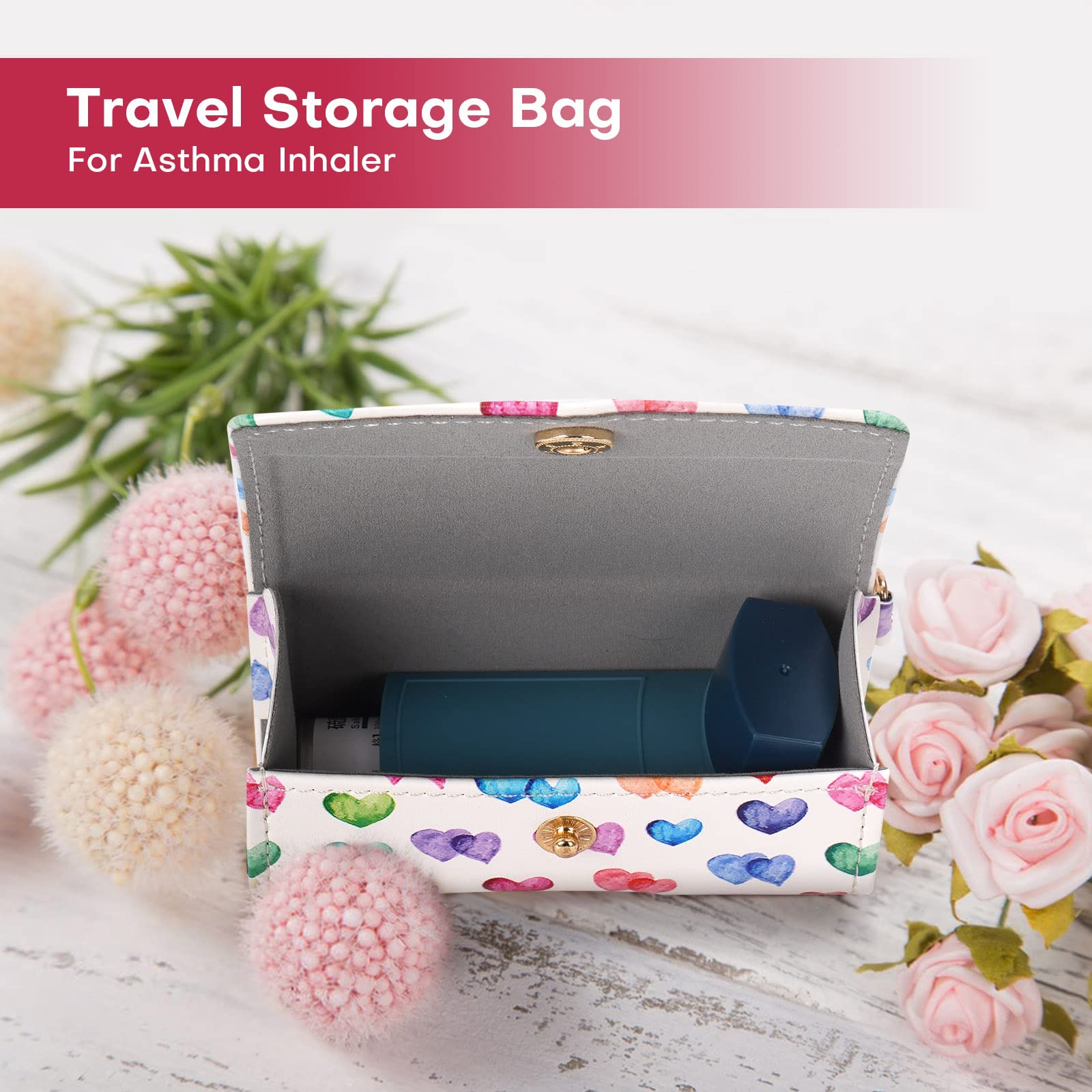 MGZNMTY heart design inhaler sleeve clipped to a travel backpack
