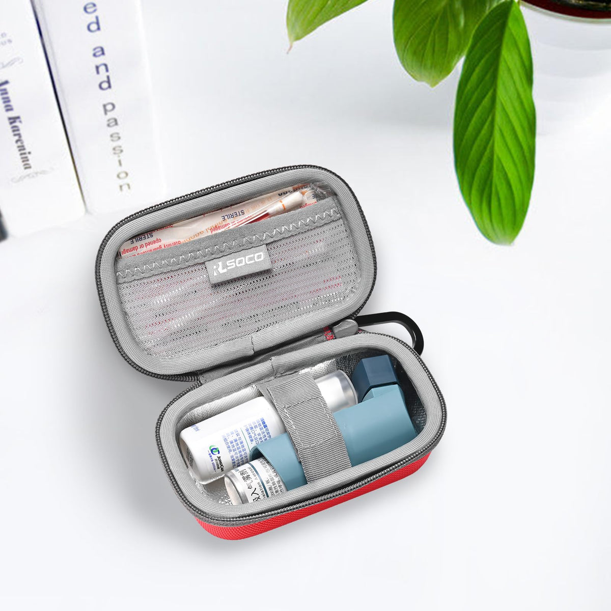 Portable lightweight inhaler pouch attached to a travel backpack for easy access.