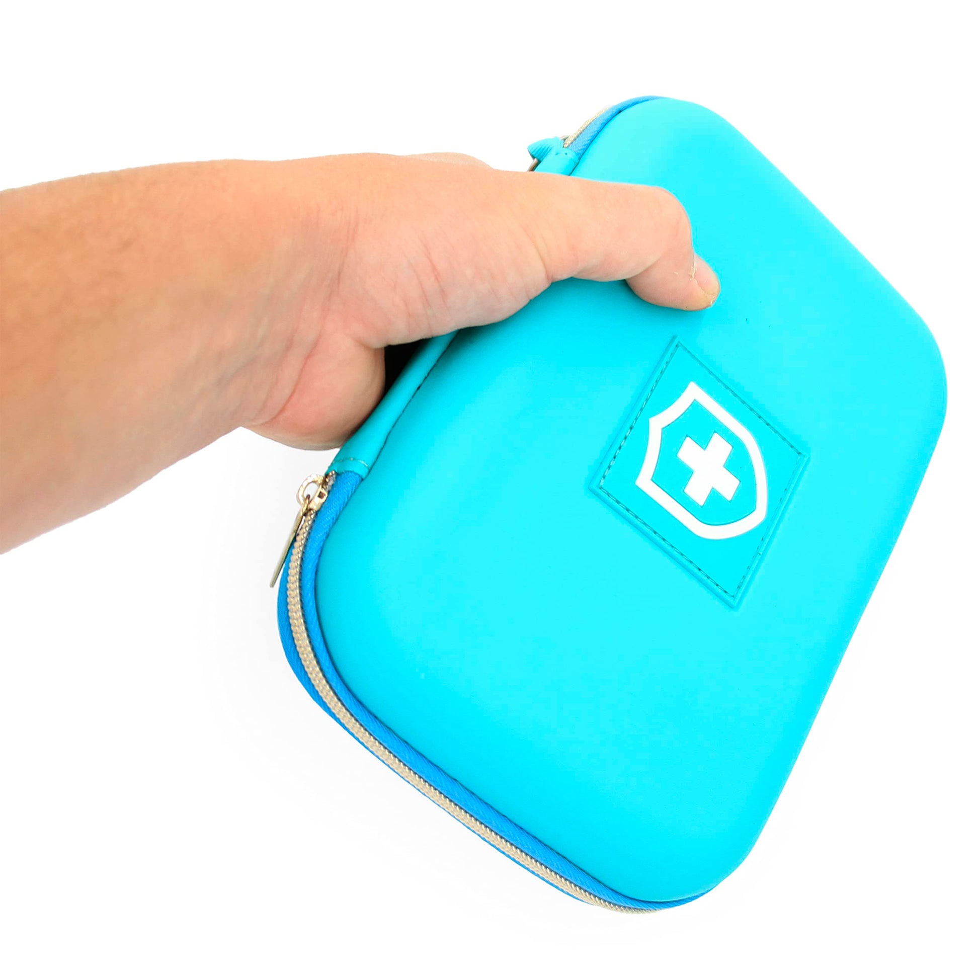 CASEMATIX turquoise respiratory kit holder alongside included emergency alert tag and identification card