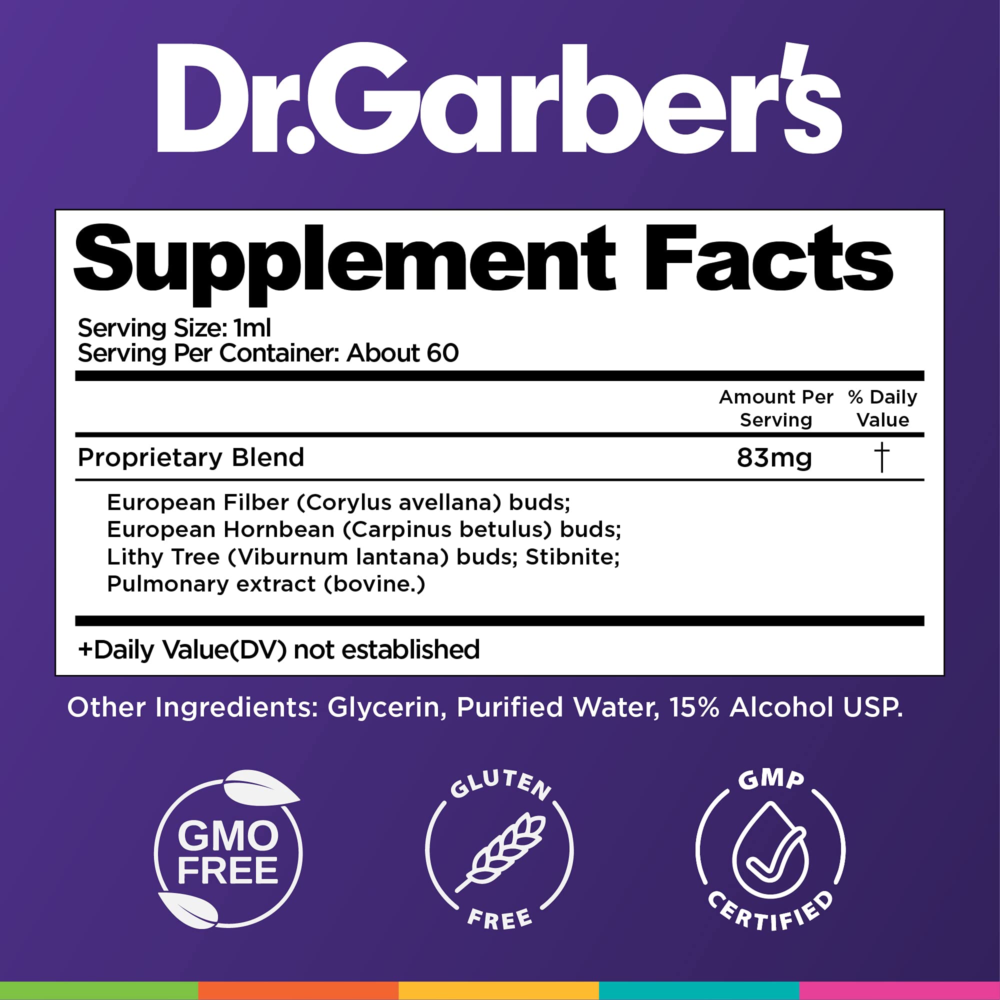 Dr. Garber's lung cleansing gemmotherapy supplement bottle packaging details