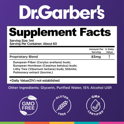 Dr. Garber's lung cleansing gemmotherapy supplement bottle packaging details