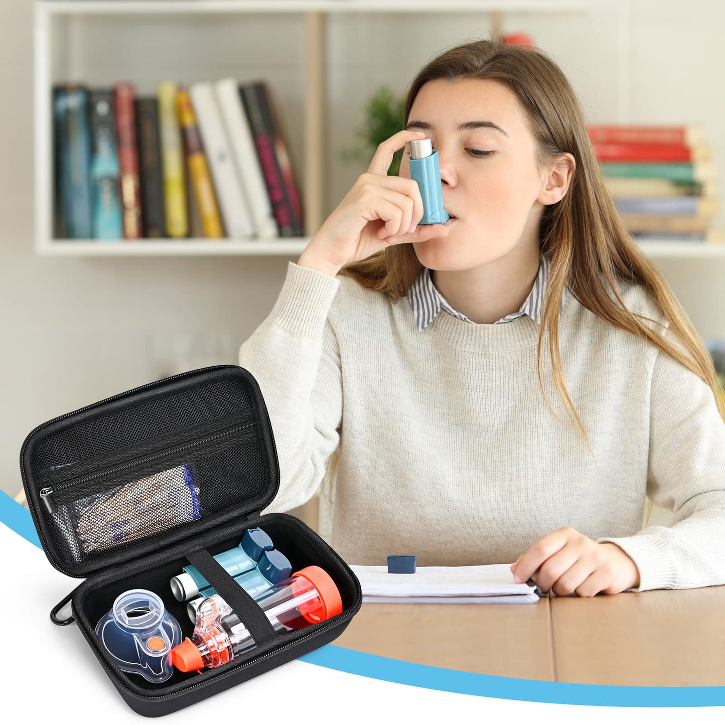 ProCase compact black hard shell case being packed into a travel suitcase for portable respiratory care.
