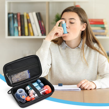 ProCase compact black hard shell case being packed into a travel suitcase for portable respiratory care.