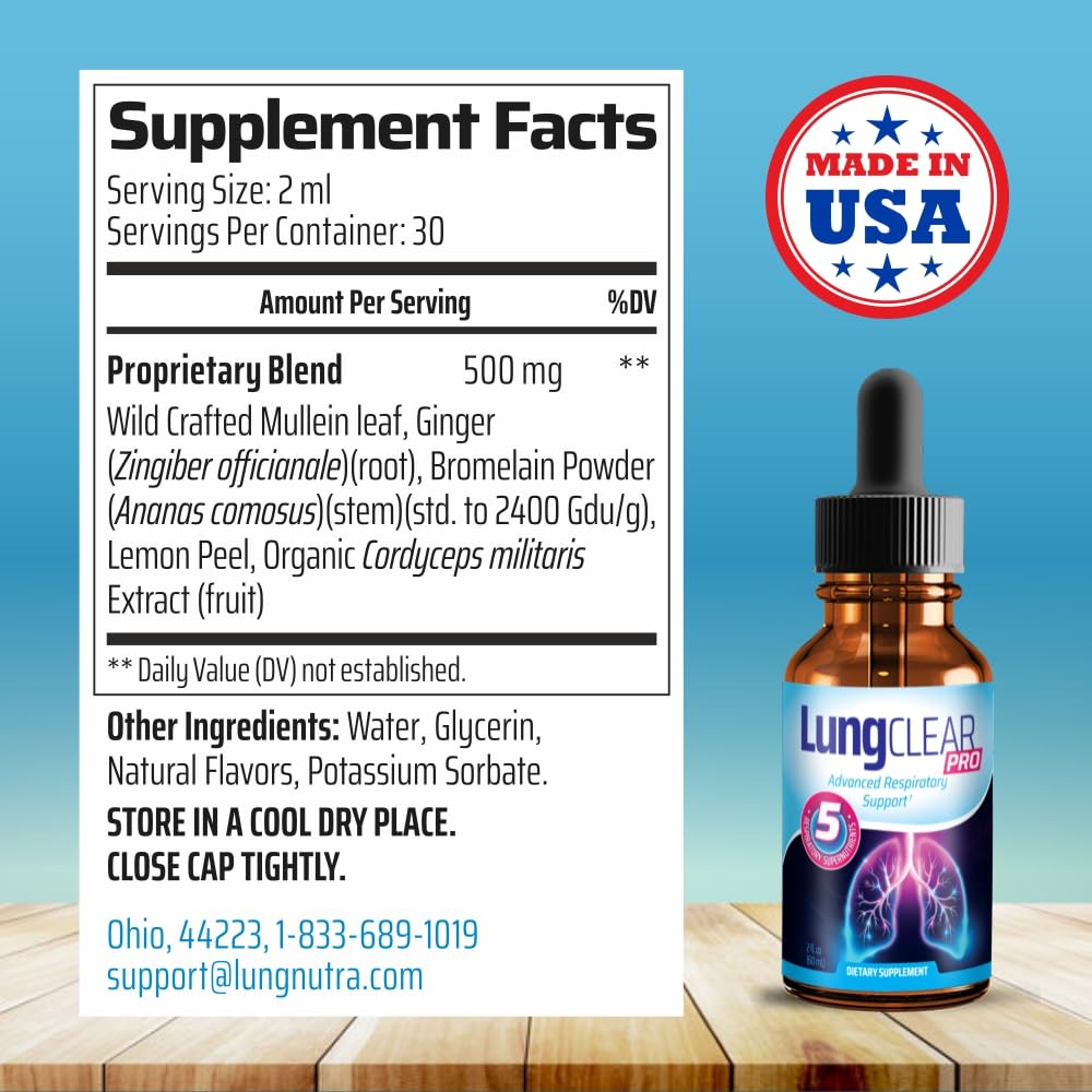 Lung Clear Pro liquid drops showing the dropper applicator for precise daily dosage and lung care.