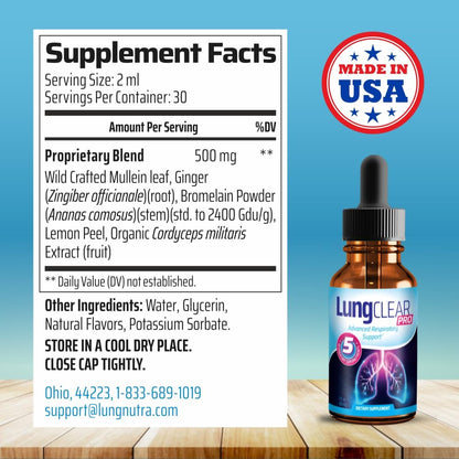 Lung Clear Pro liquid drops showing the dropper applicator for precise daily dosage and lung care.