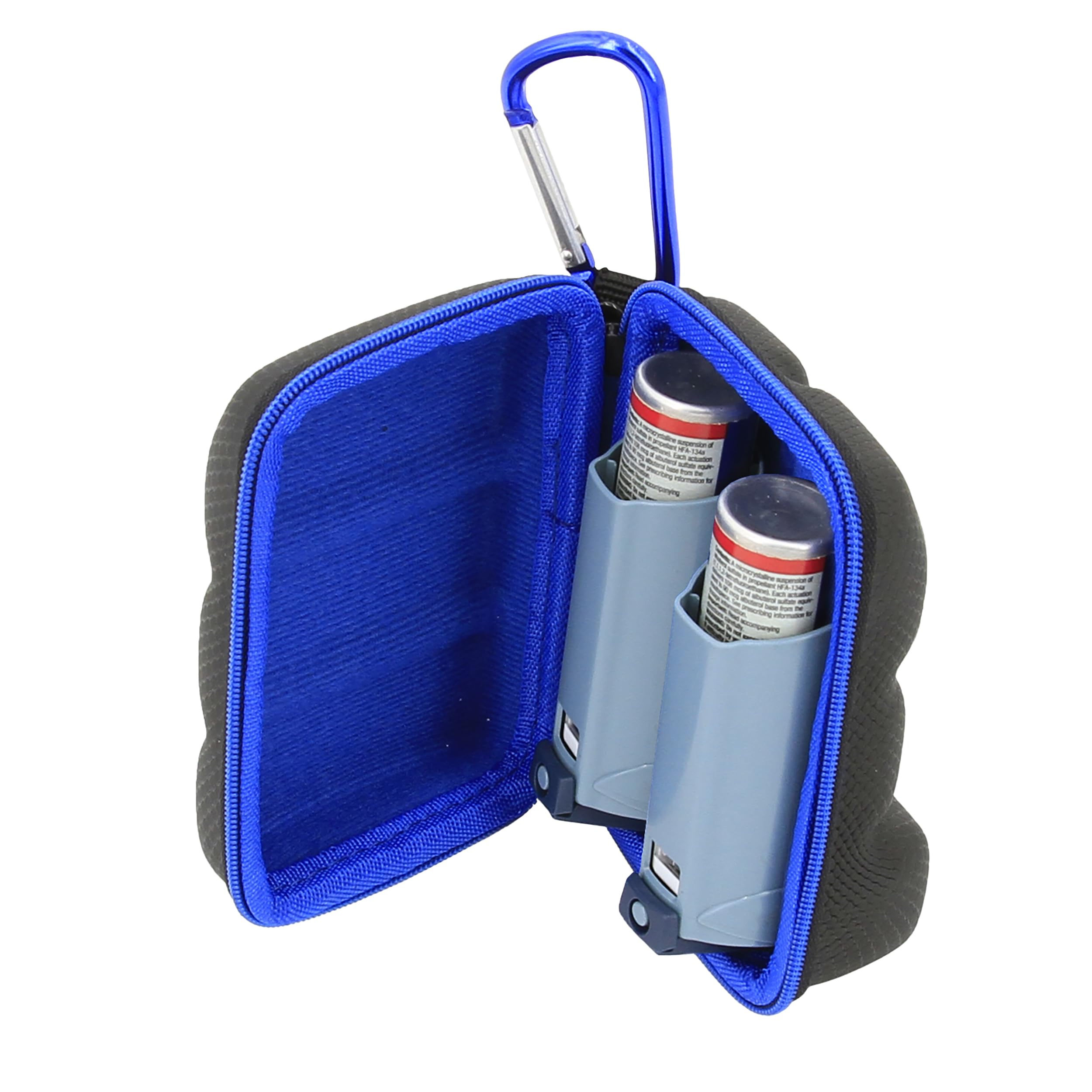 CASEMATIX protective medical pouch opened showing dual internal slots for standard albuterol inhalers