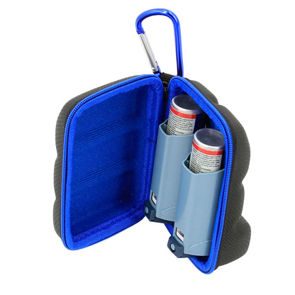 CASEMATIX protective medical pouch opened showing dual internal slots for standard albuterol inhalers