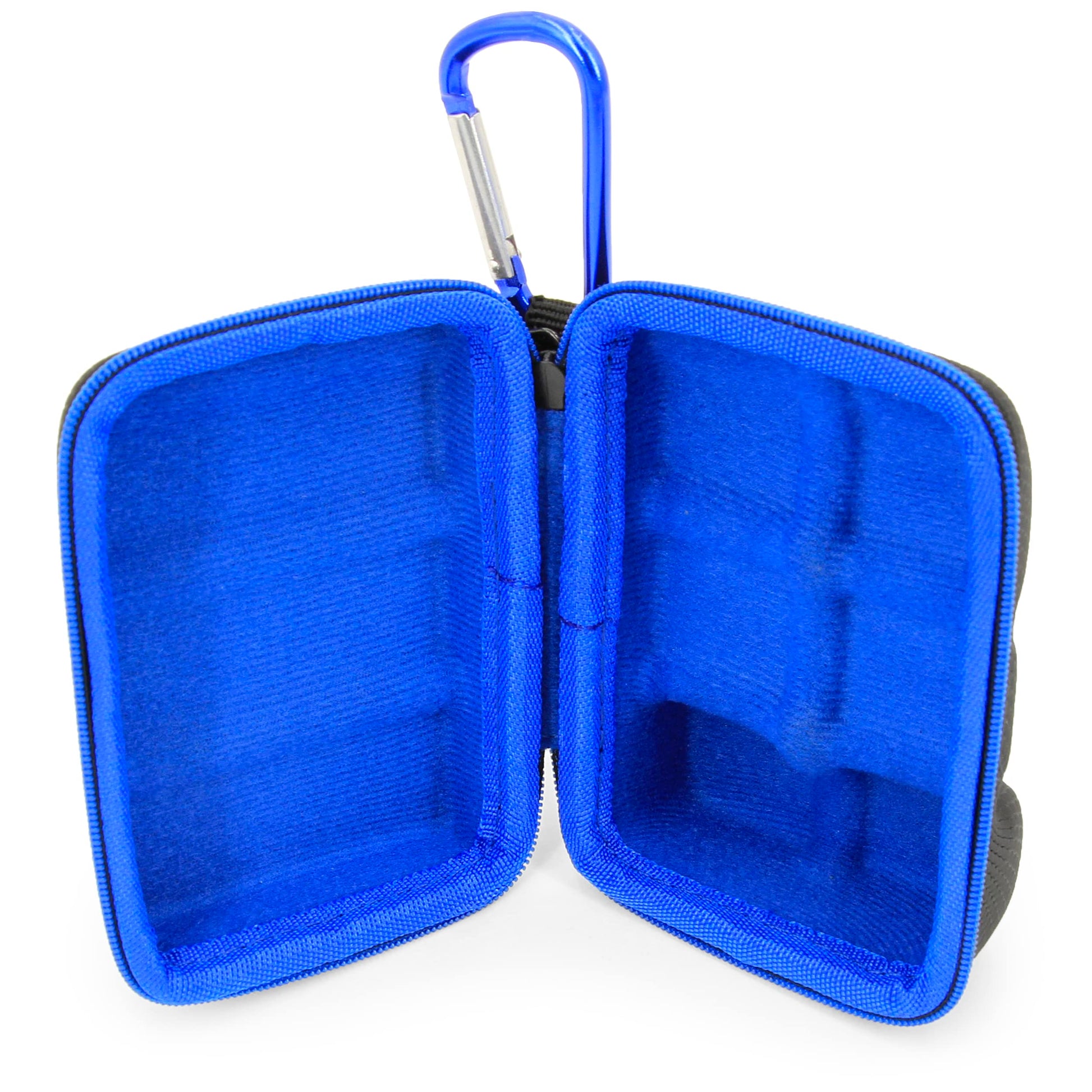 CASEMATIX travel inhaler organizer with attached blue metal carabiner clip for backpack attachment
