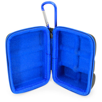 CASEMATIX travel inhaler organizer with attached blue metal carabiner clip for backpack attachment