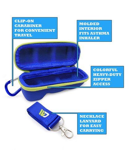 CASEMATIX asthma case showing attached clip-on carabiner and removable neck lanyard accessories