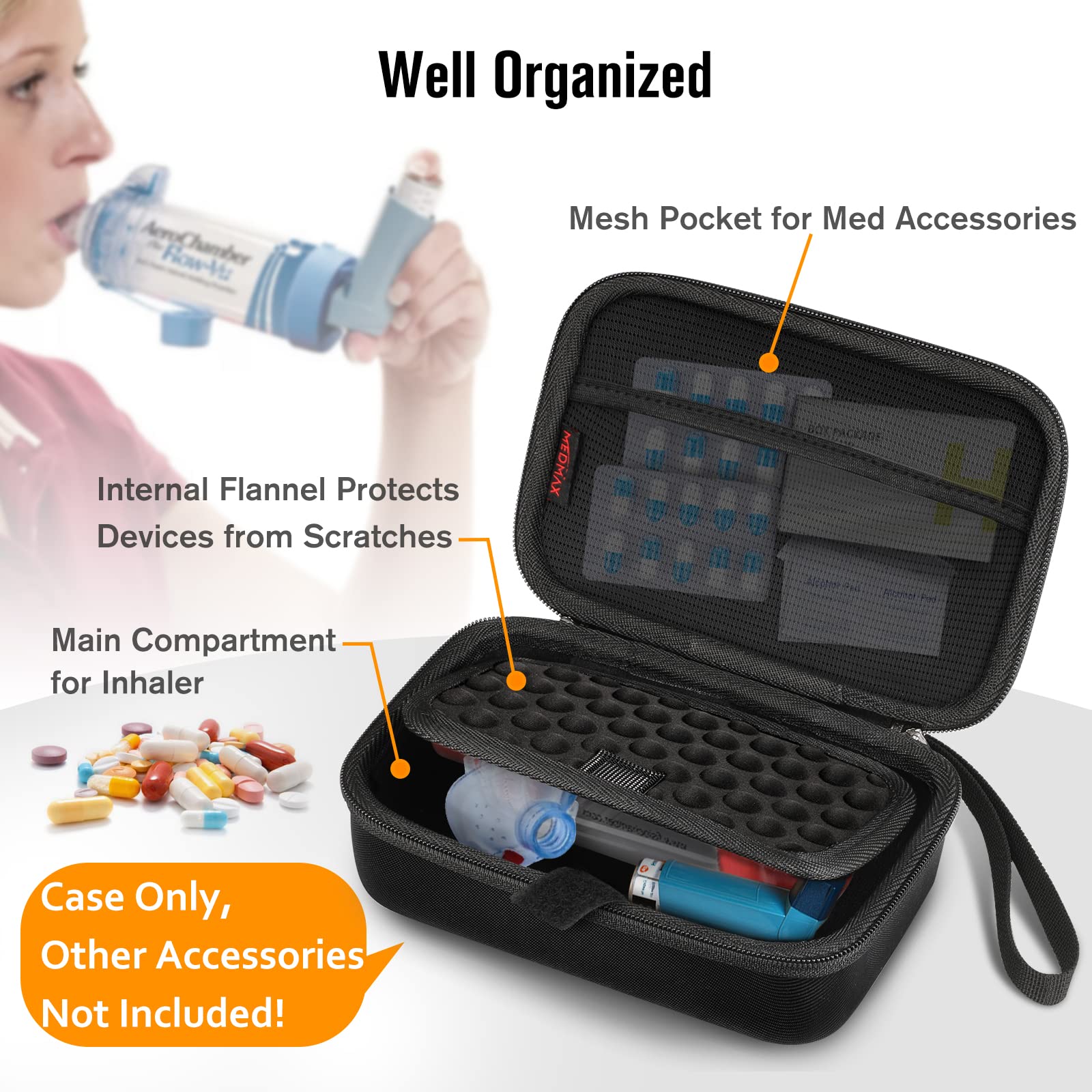 MEDMAX portable nebulizer travel bag opened displaying interior mesh organization pockets