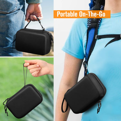 Black hardshell nebulizador carrying case with attached durable carabiner clip closeup