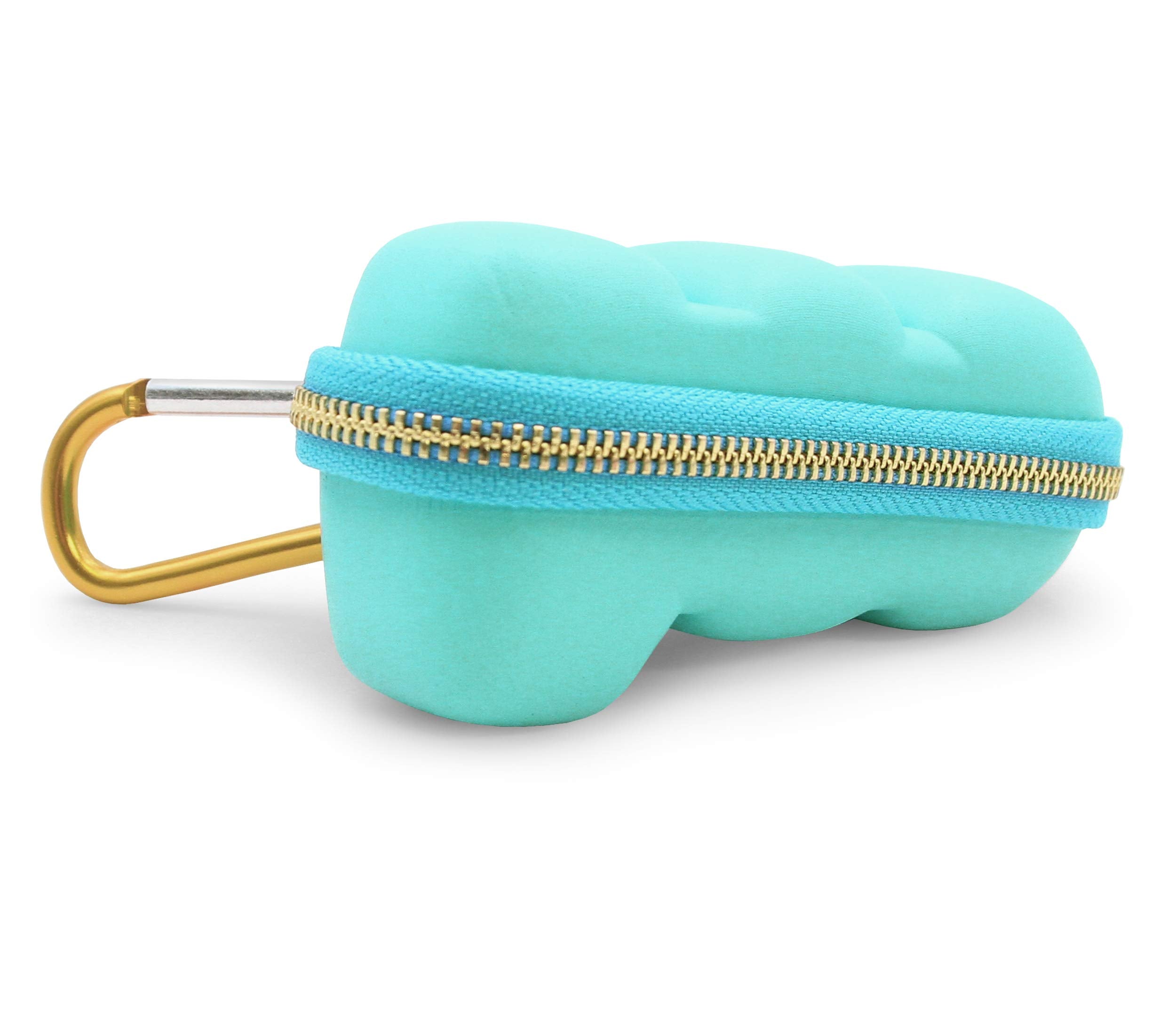 CASEMATIX turquoise blue molded medicine bag showing attached gold carabiner clip and zipper closure