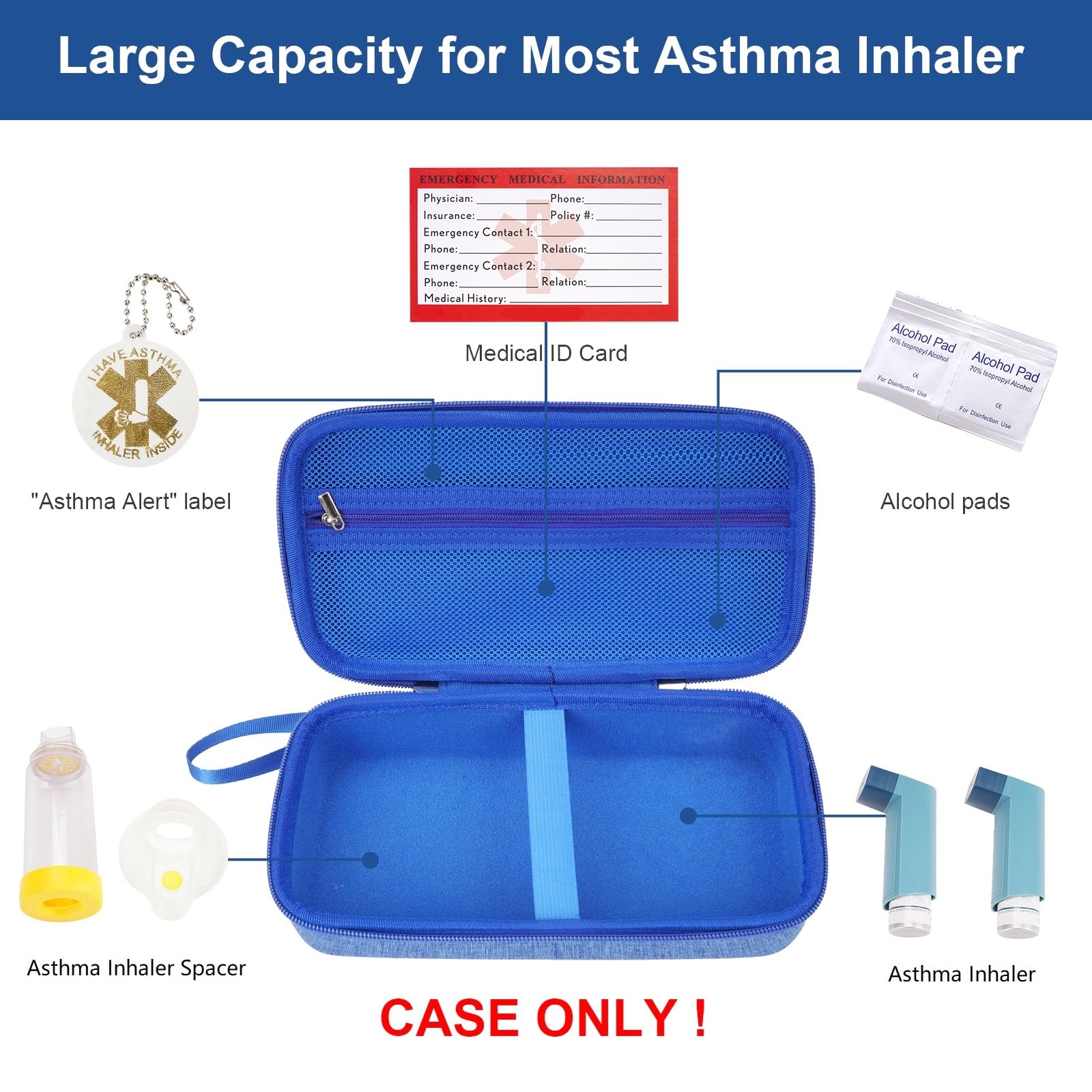 Open view of the EVA hard shell medical organizer showing mesh pocket and spacer storage