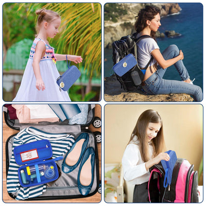 Blue shockproof inhaler holder with metal carabiner attached to a travel bag