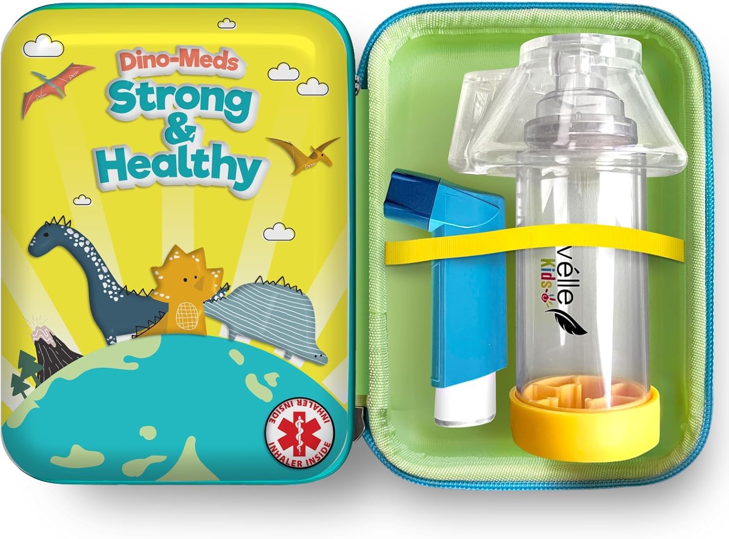 VivÃ©lle asthma inhaler travel case opened flat showing the secure internal elastic straps holding a handheld mesh atomizer machine.