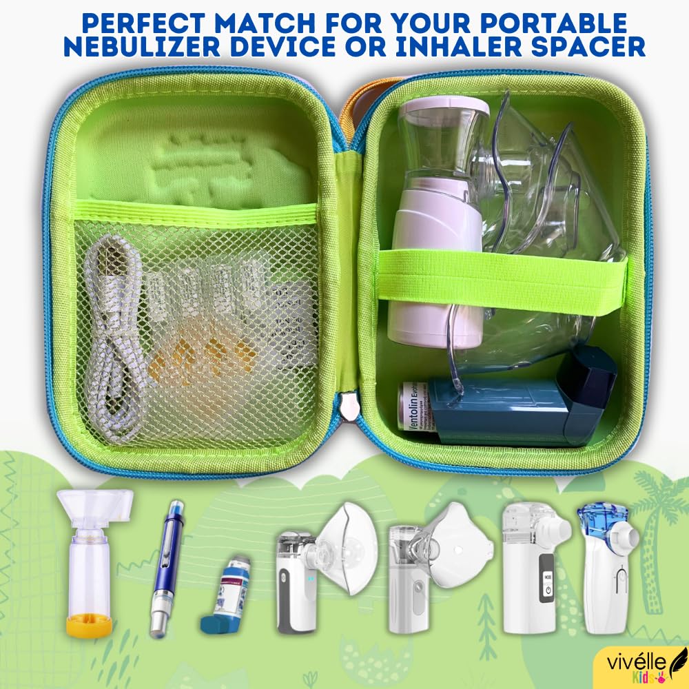 VivÃ©lle portable atomizer holder interior view highlighting the built-in mesh pocket storing a breathing mask and USB cable.