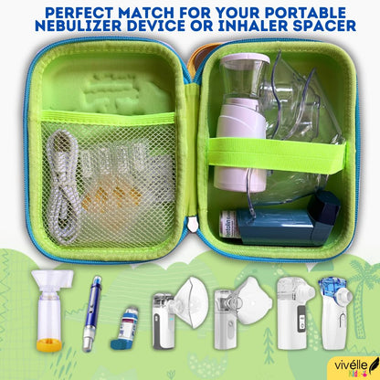VivÃ©lle portable atomizer holder interior view highlighting the built-in mesh pocket storing a breathing mask and USB cable.