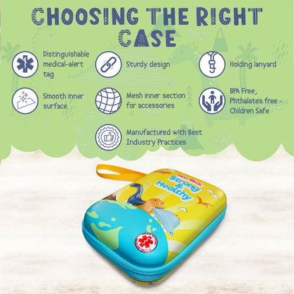 VivÃ©lle nebulizer storage case showing the integrated medical alert tag and portable carry handle for travel convenience.