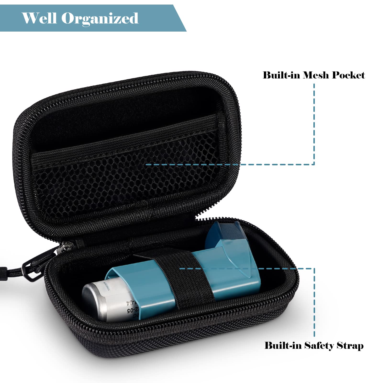 MEDMAX albuterol carrier highlighting the integrated mesh pocket for pill storage
