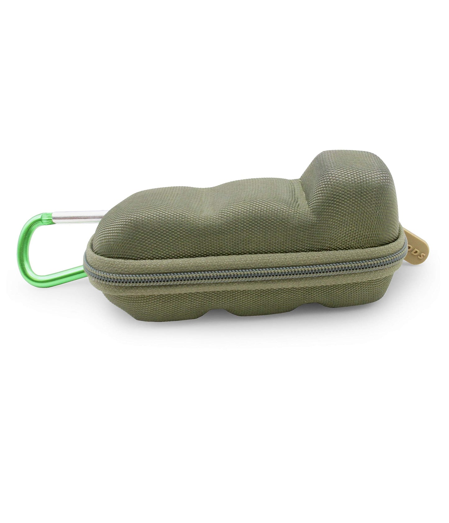Side view of the portable forest green medication pouch for daily travel