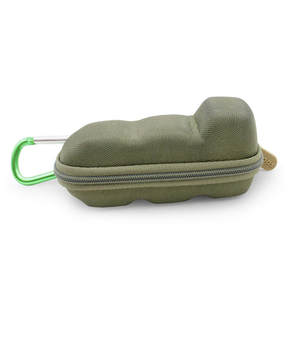 Side view of the portable forest green medication pouch for daily travel
