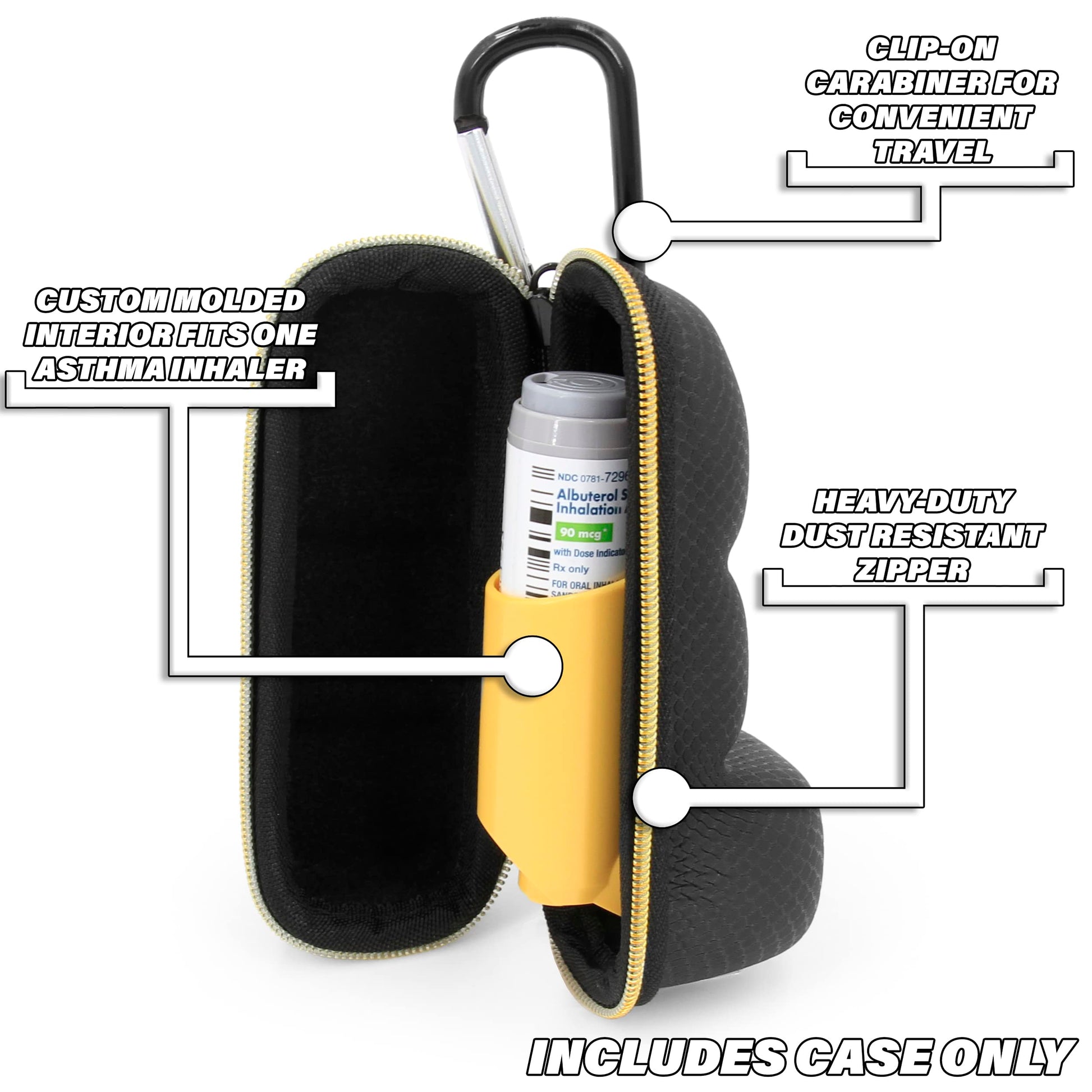 CASEMATIX safety inhaler carrier box showing side view measurements for standard four inch devices