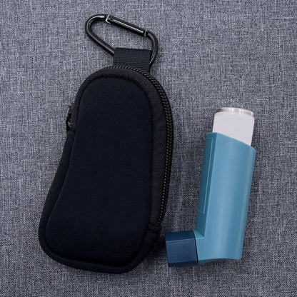 Black neoprene medicine storage pouch showing secure zipper closure and D ring