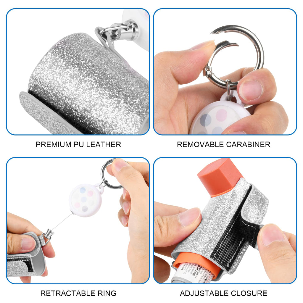 Silver glitter asthma inhaler pouch attached to a school backpack zipper loop