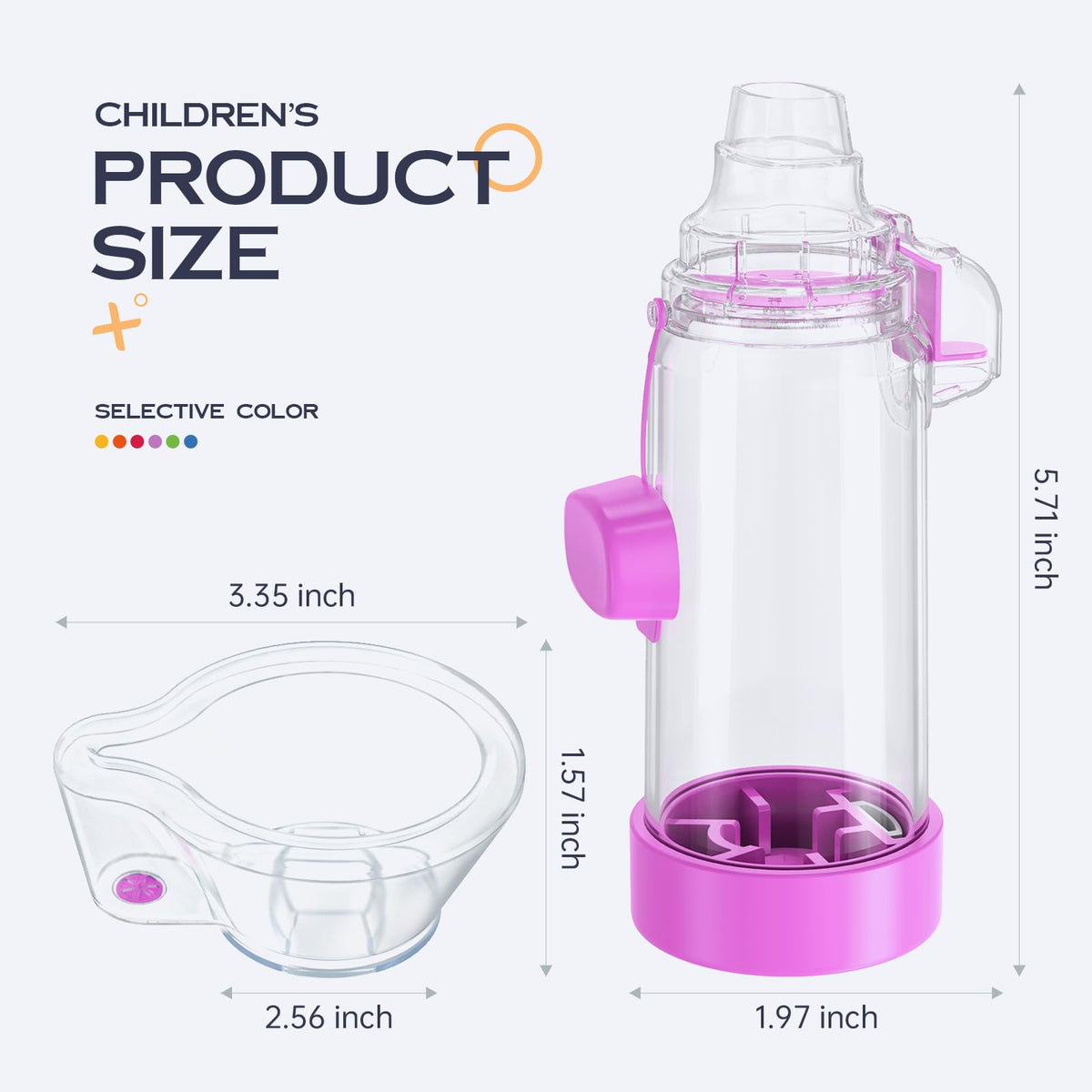 Transparent medical spacer chamber with purple child sized face mask