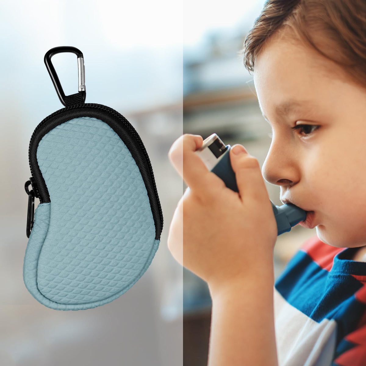 MEDMAX asthma inhaler carrying sleeve with durable zipper and attached carabiner clip