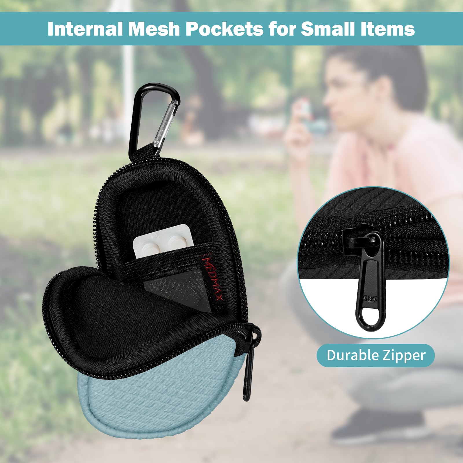 Interior view of MEDMAX blue neoprene holster showing the secure mesh pocket