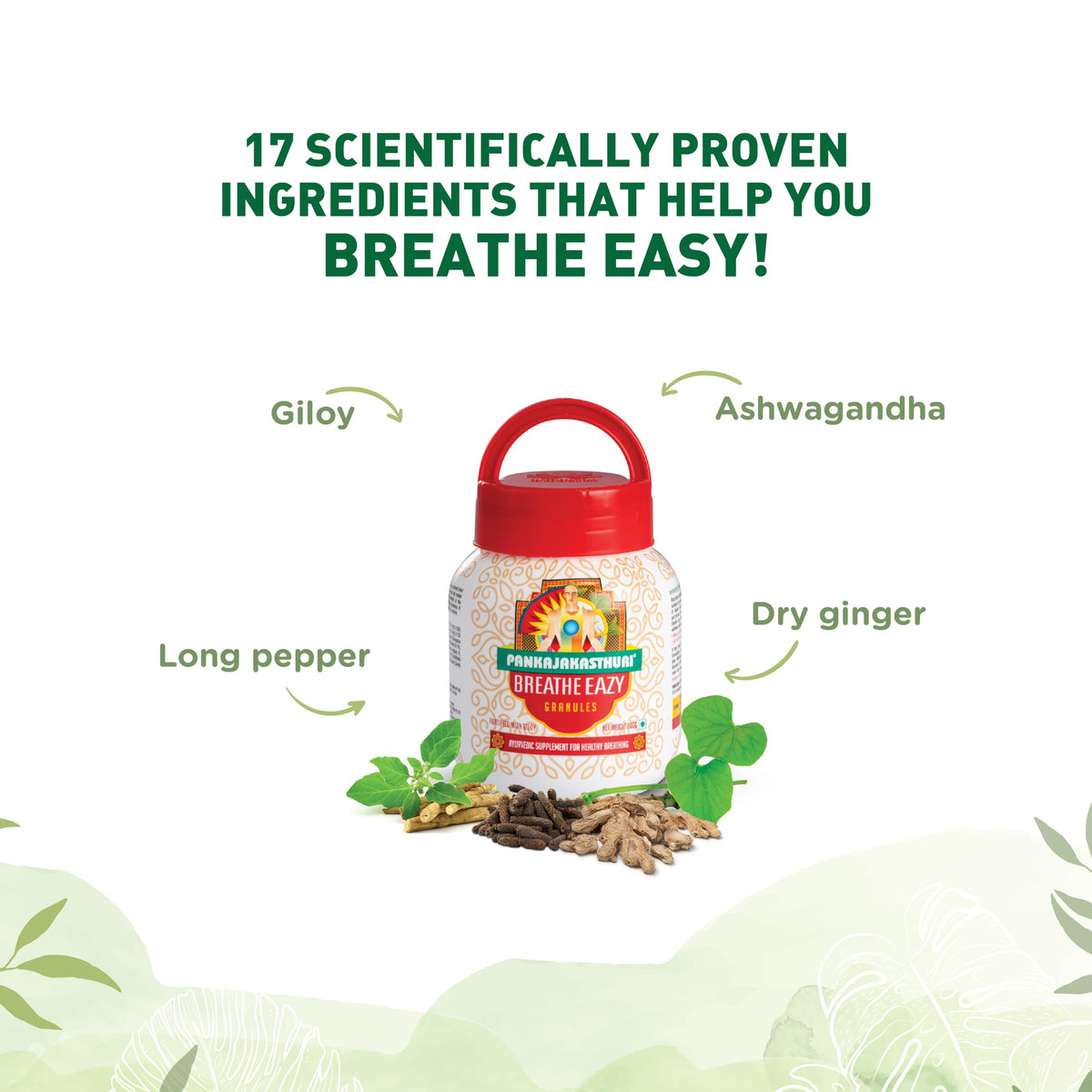 Pankajakasthuri Breathe Easy 200 grams container showing ingredient label