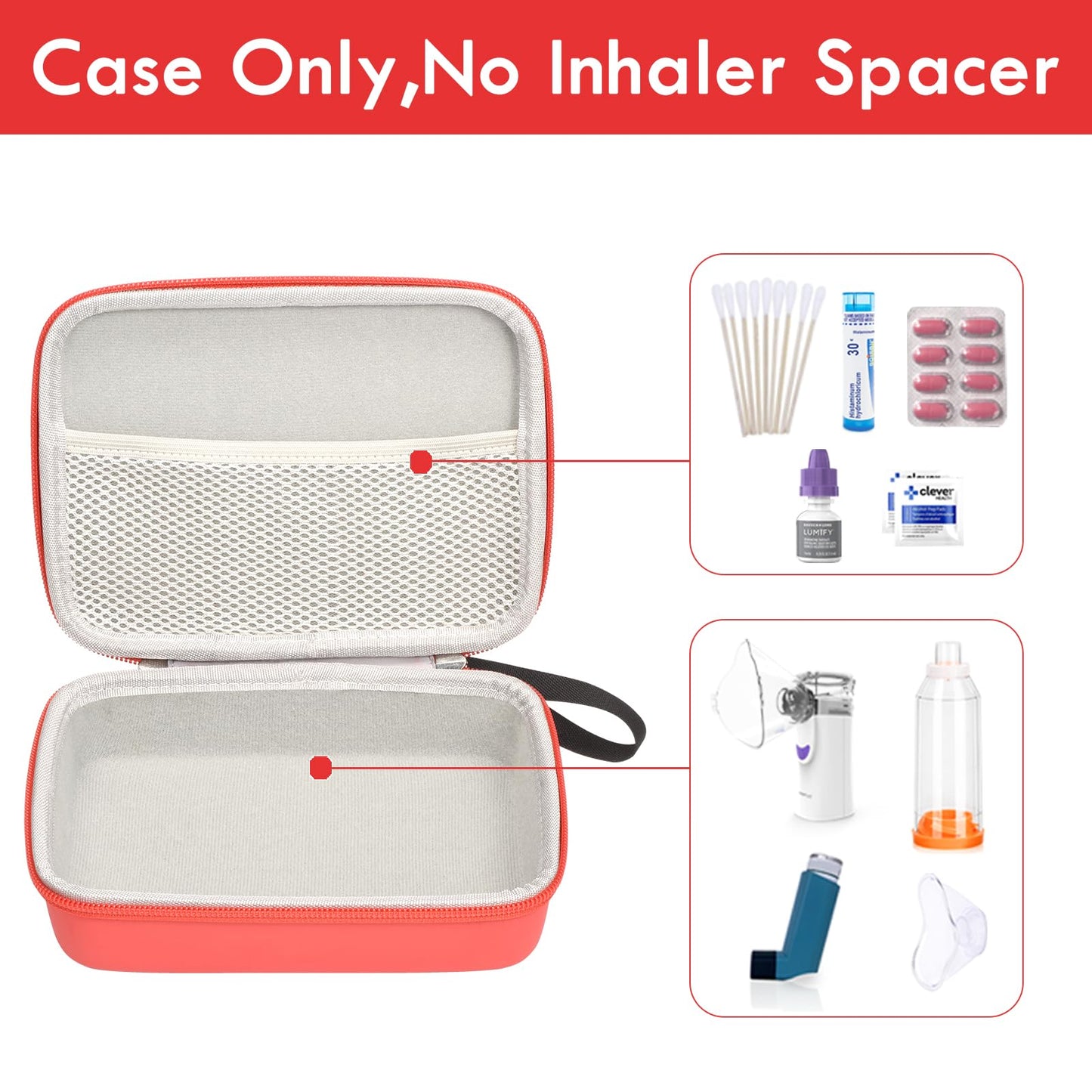 Fukumi medical spacer carrying case interior view featuring internal mesh pocket organization