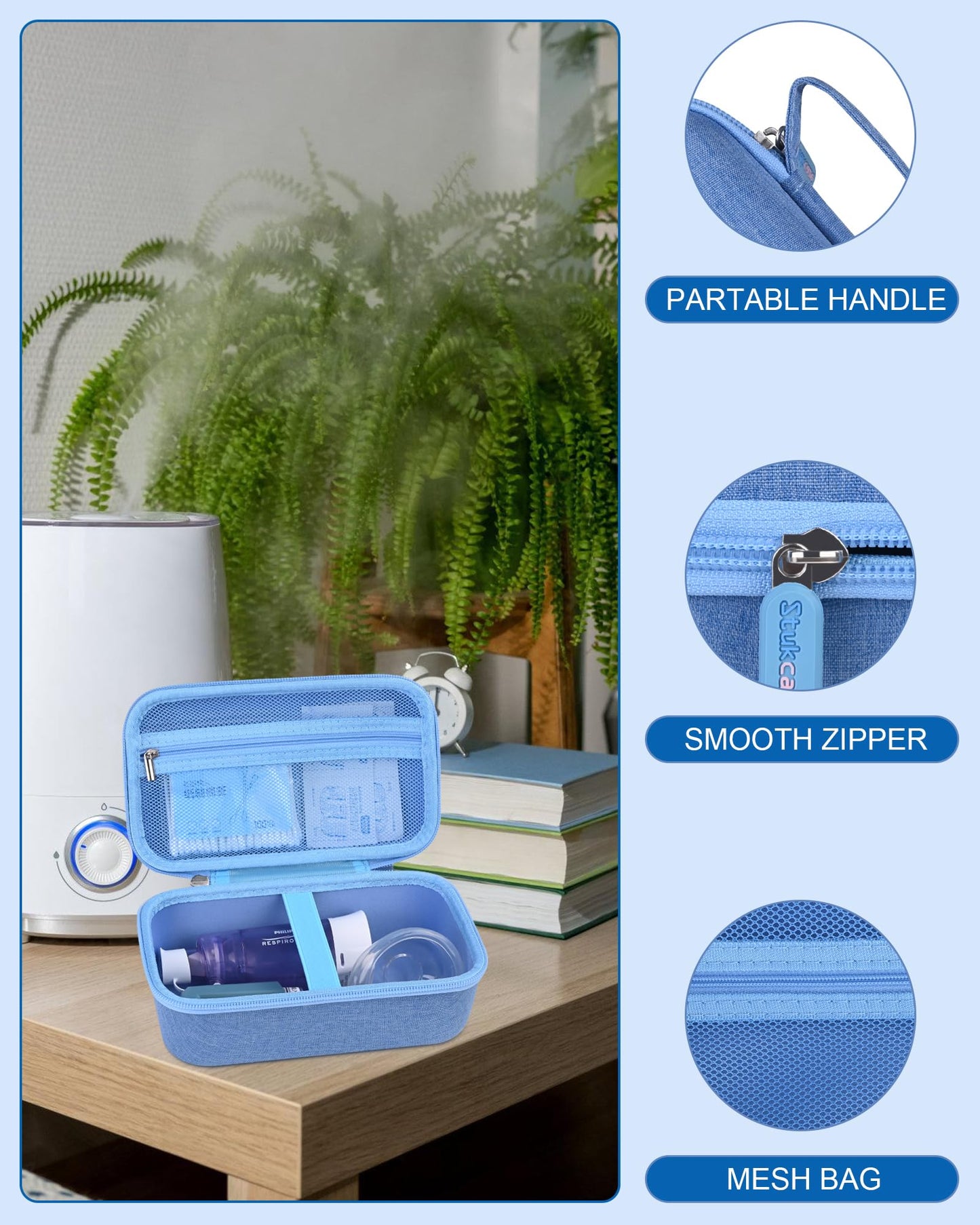 Stukcaze blue medicine organizer handle being held for travel portability demonstration.