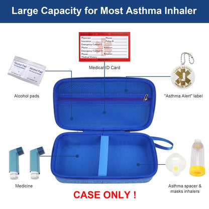 MGZNMTY asthma spacer chamber pouch open view illustrating internal elastic straps and mesh pocket organization.