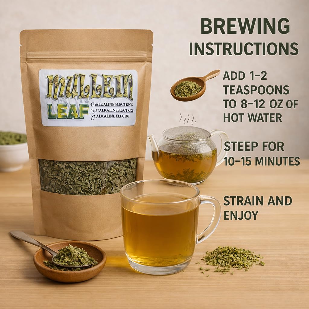 Alkaline Electrics imported mullein leaf back label and brewing instructions