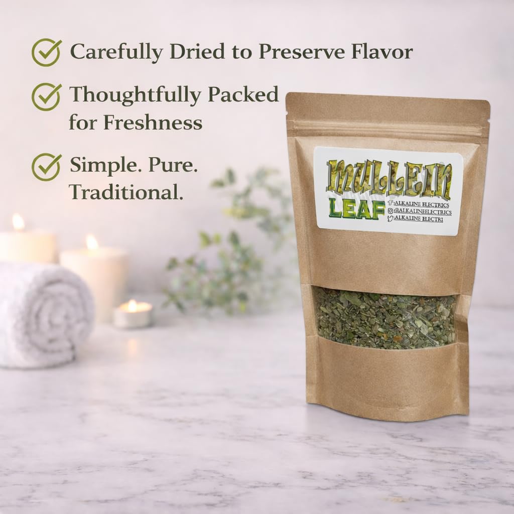 Brewed cup of organic mullein leaf tea for respiratory wellness support