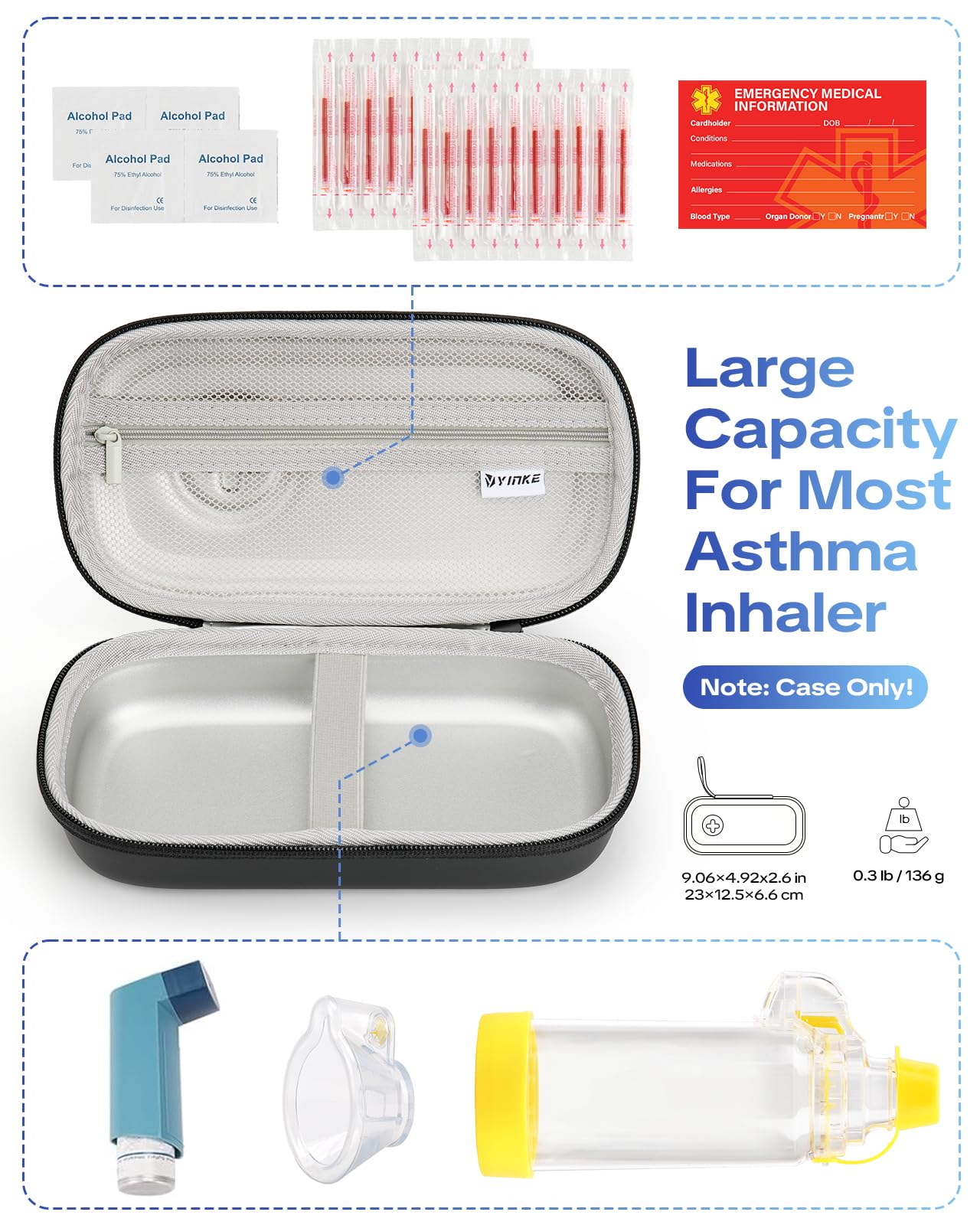 RAIACE compact inhaler holder illustrating the wide easy-access zipper opening for adults and seniors.