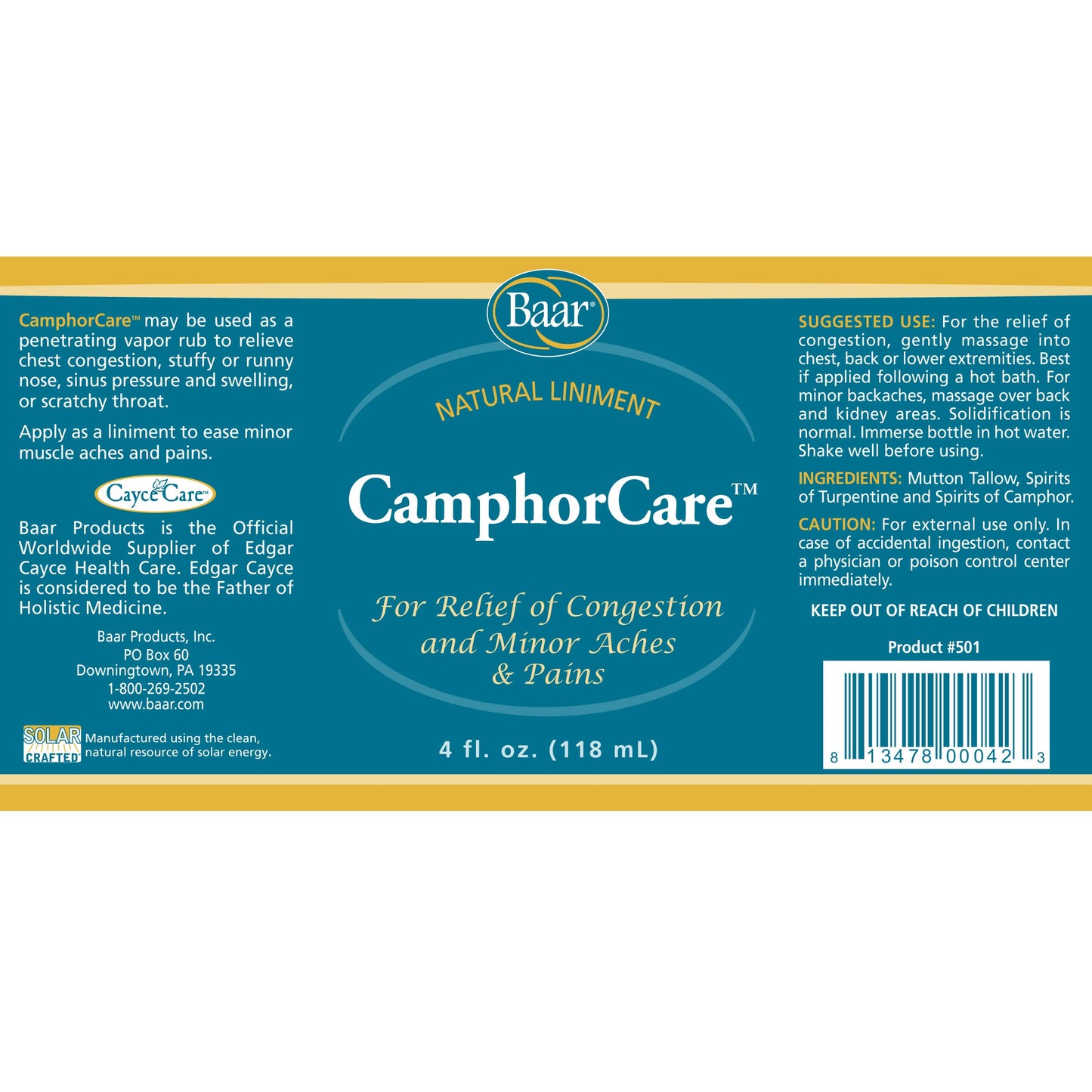 Authentic USA imported Baar Camphor Care soothing chest rub label details