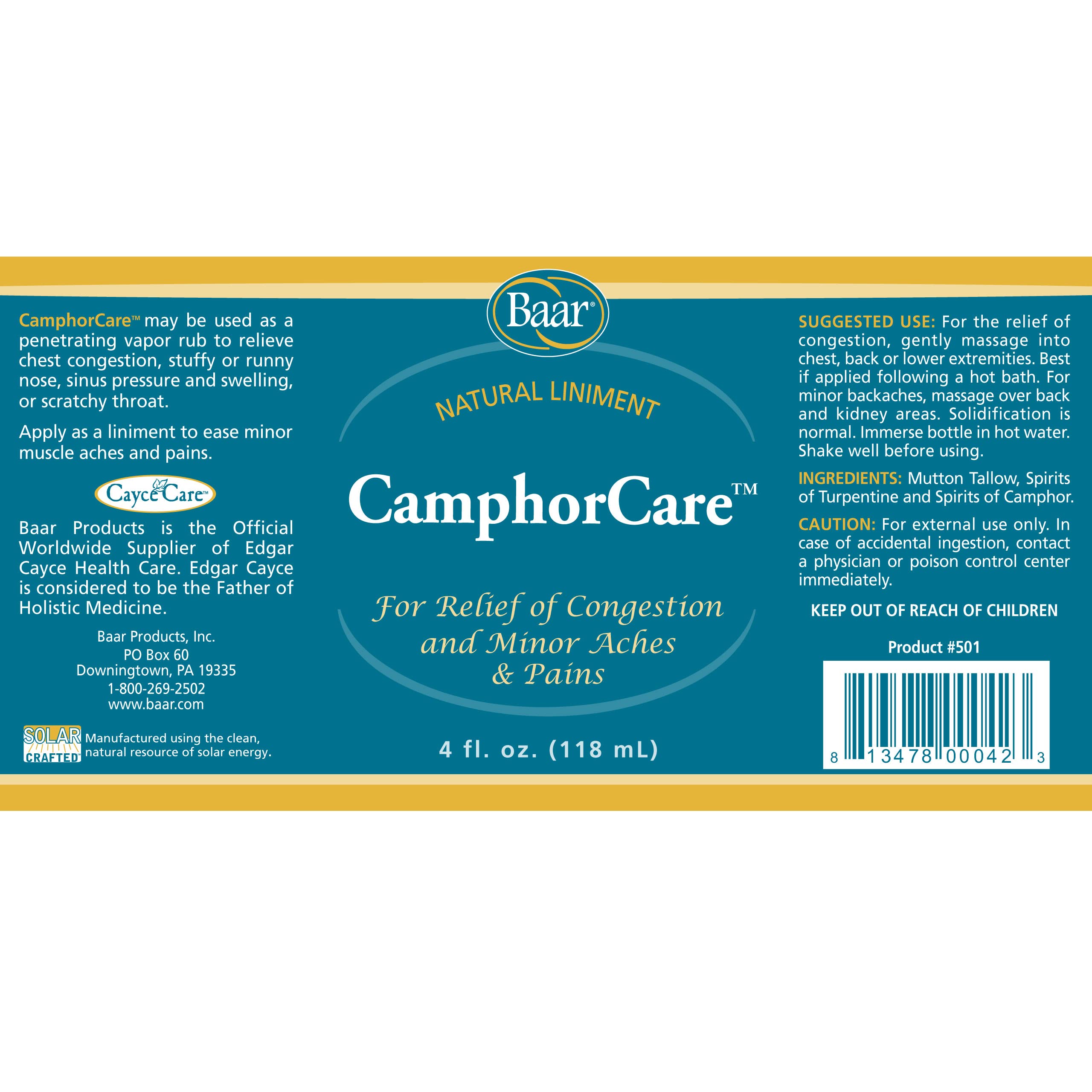 Authentic USA imported Baar Camphor Care soothing chest rub label details