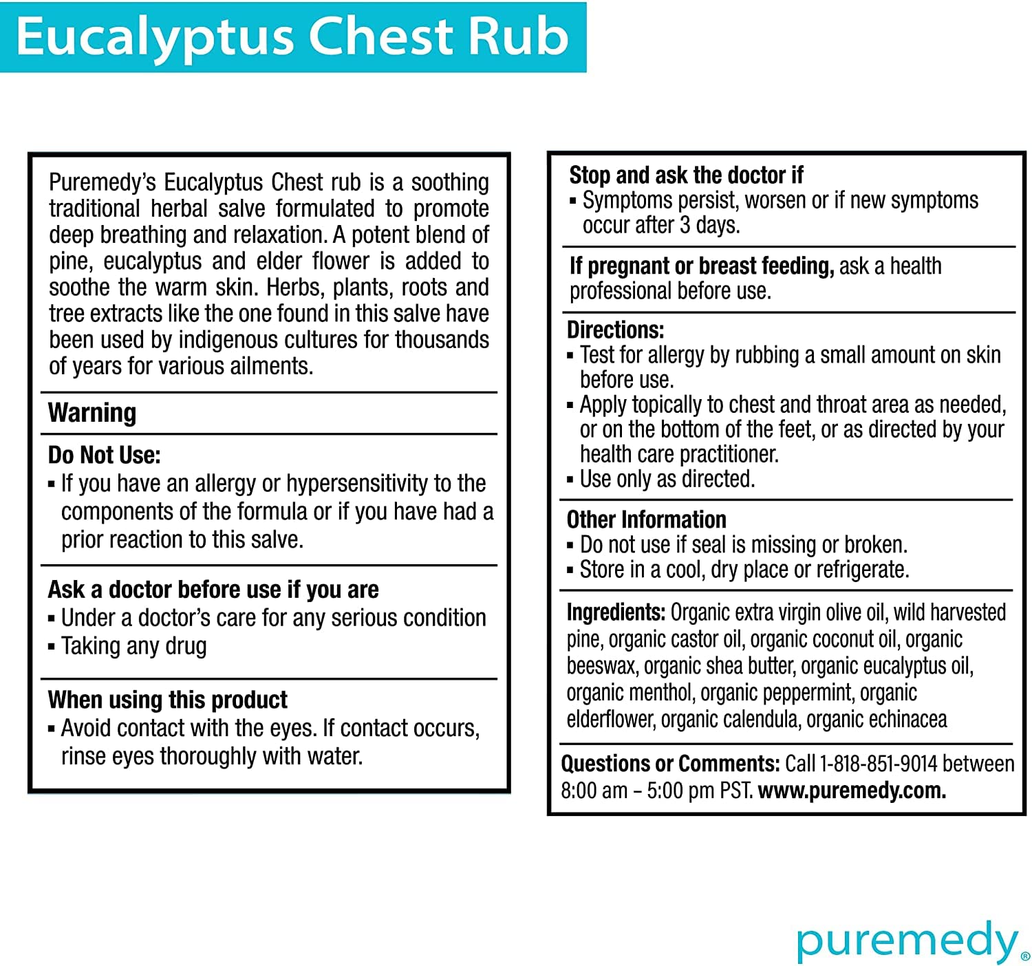 Puremedy all natural homeopathic chest rub jar showing product ingredients label