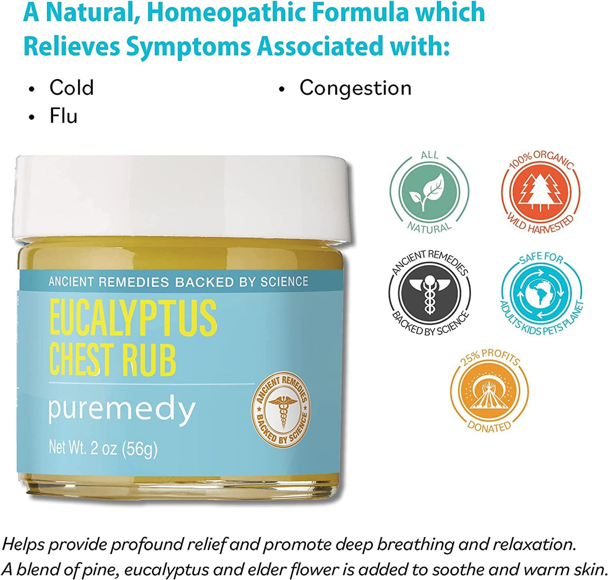 Organic eucalyptus cold remedy salve by Puremedy for deep breathing benefits