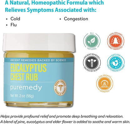 Organic eucalyptus cold remedy salve by Puremedy for deep breathing benefits