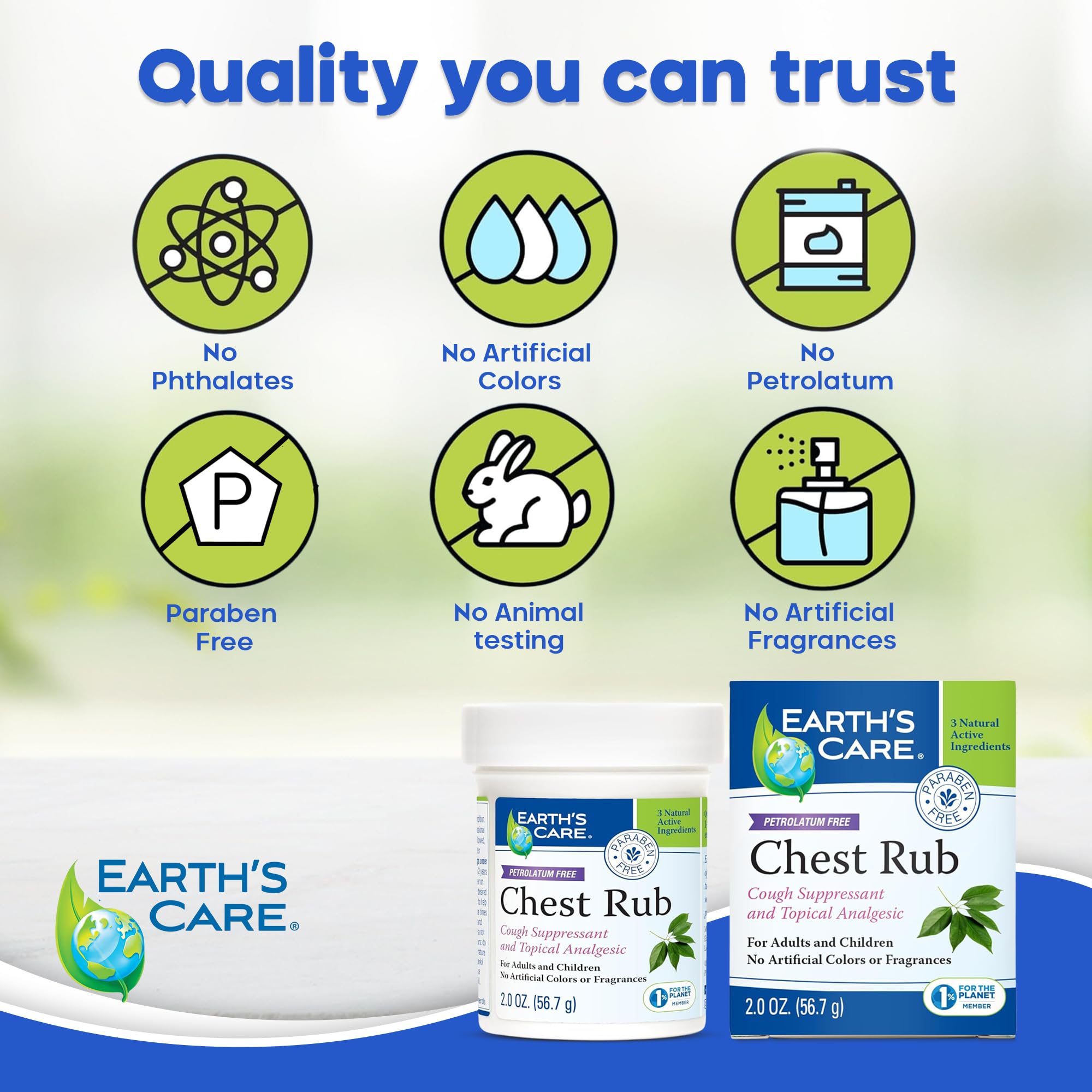 Earth's Care petroleum free vapor rub jar showing the text for adults and children two plus.