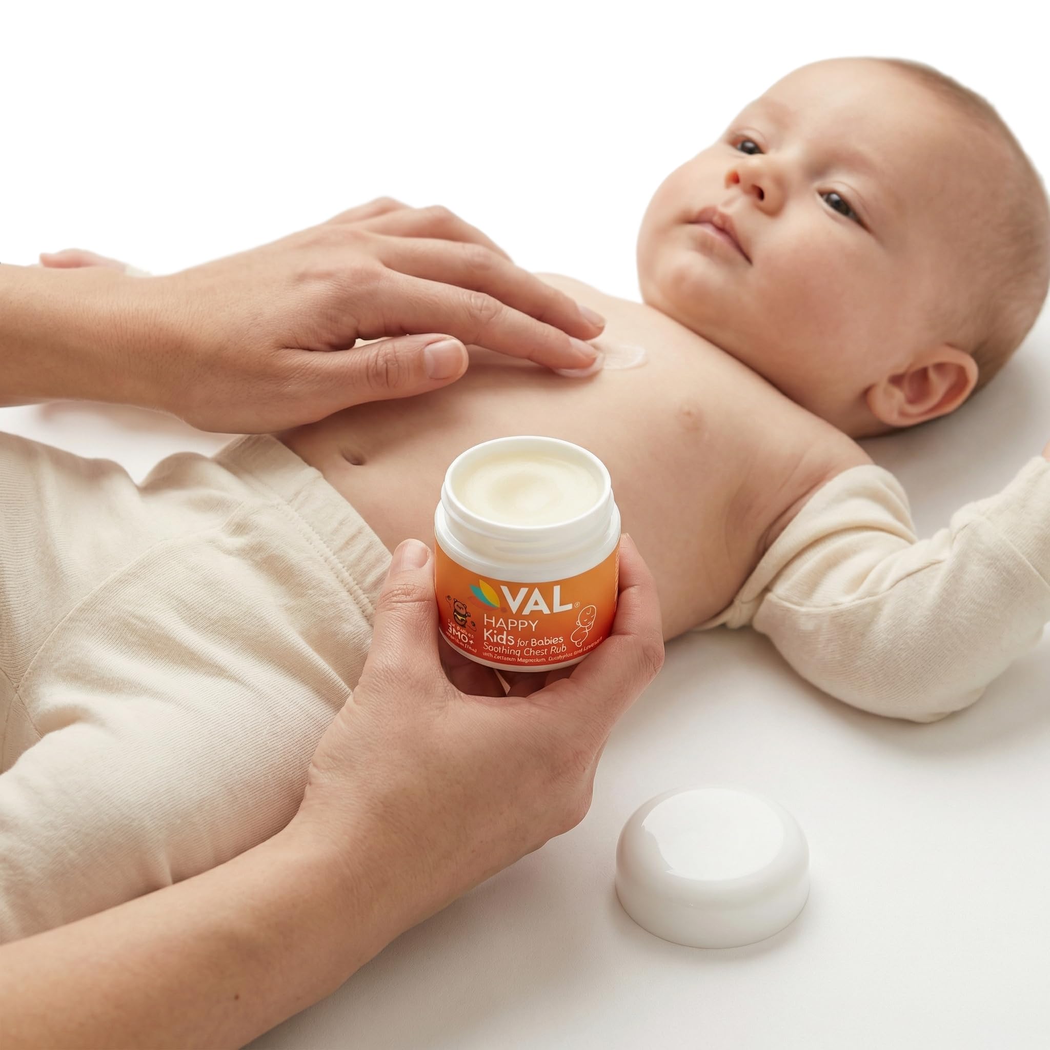 VAL Happy Kids calming vapor balm container highlighting the petroleum free and menthol free label
