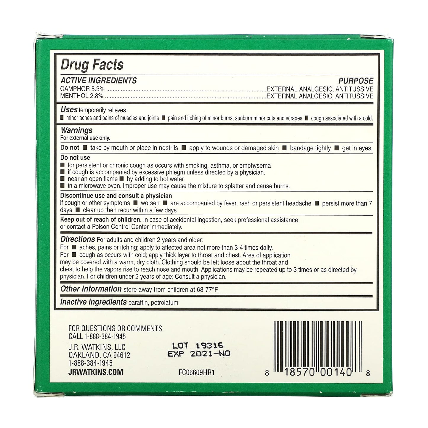 Back label of J.R. Watkins Menthol Camphor Suppressant Rub with active drug facts and usage instructions