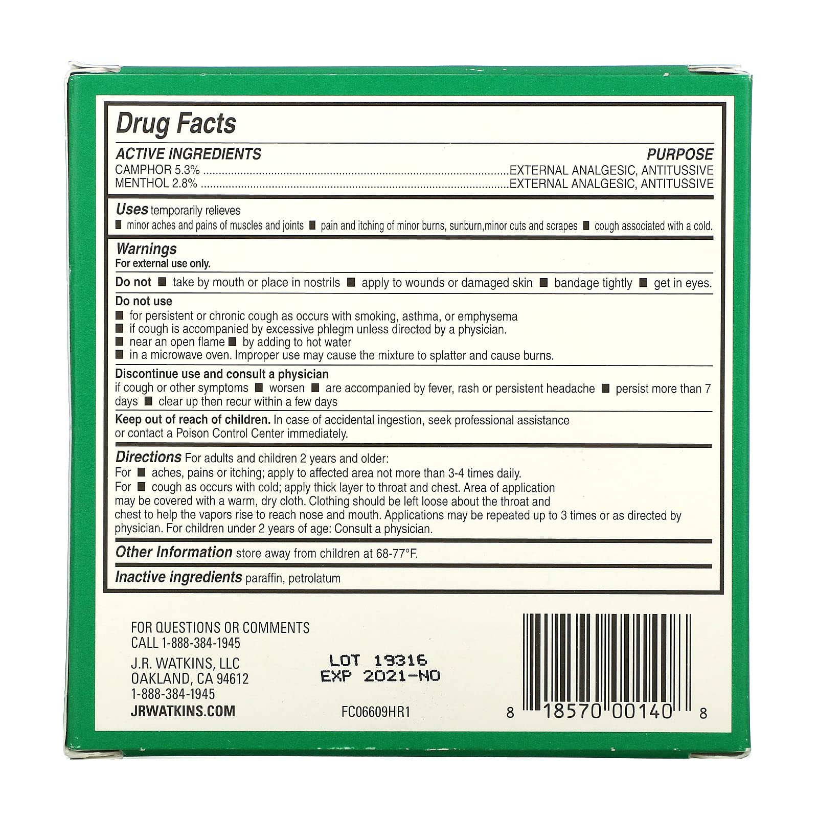 Back label of J.R. Watkins Menthol Camphor Suppressant Rub with active drug facts and usage instructions