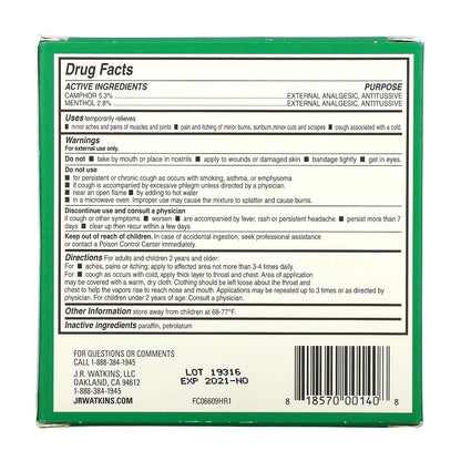 Back label of J.R. Watkins Menthol Camphor Suppressant Rub with active drug facts and usage instructions
