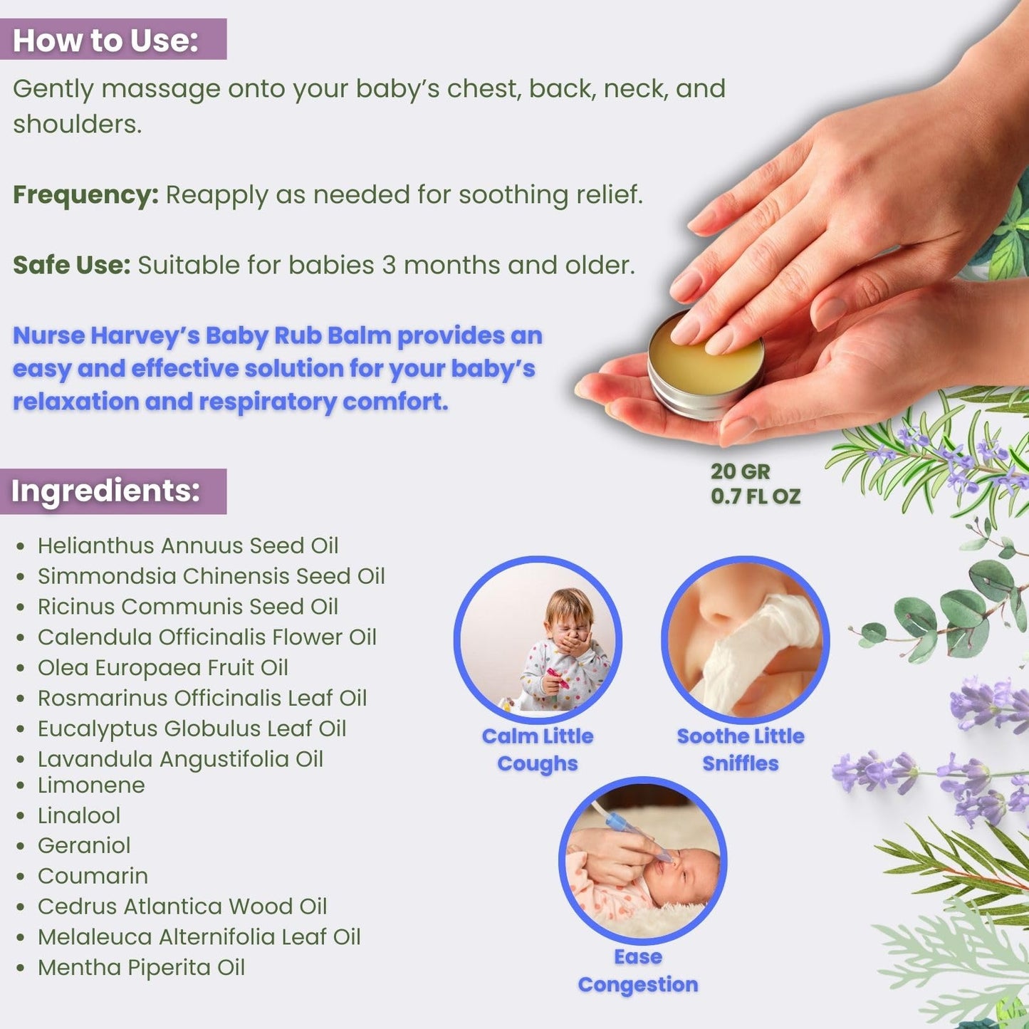 Dermatologist tested baby balm packaging showing natural and organic ingredients list.